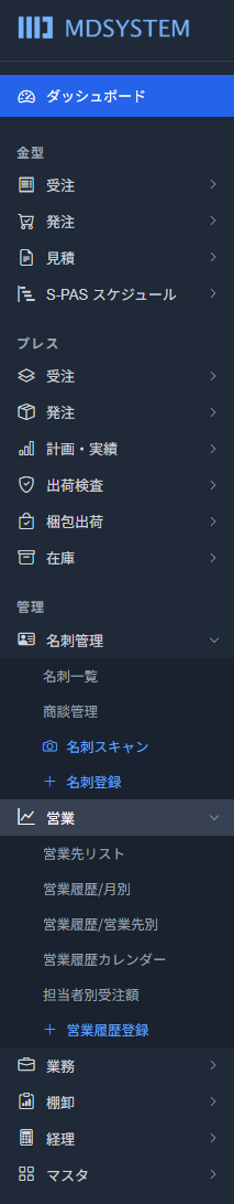 MD SYSTEM 管理部門のメニュー（ダッシュボード・名刺管理・営業）